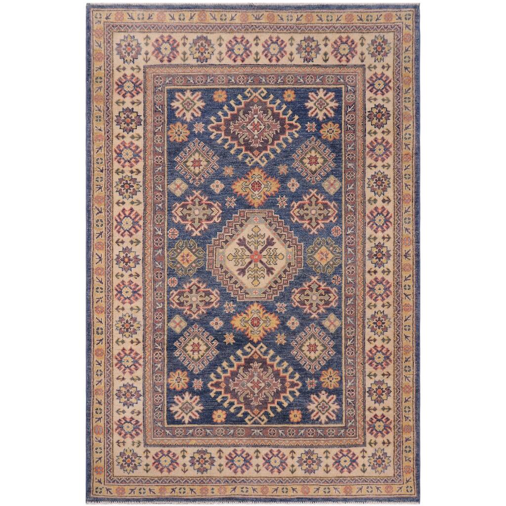 Tribal Kazak Cael Blue/Beige Wool Rug - 4'0'' x 5'7''