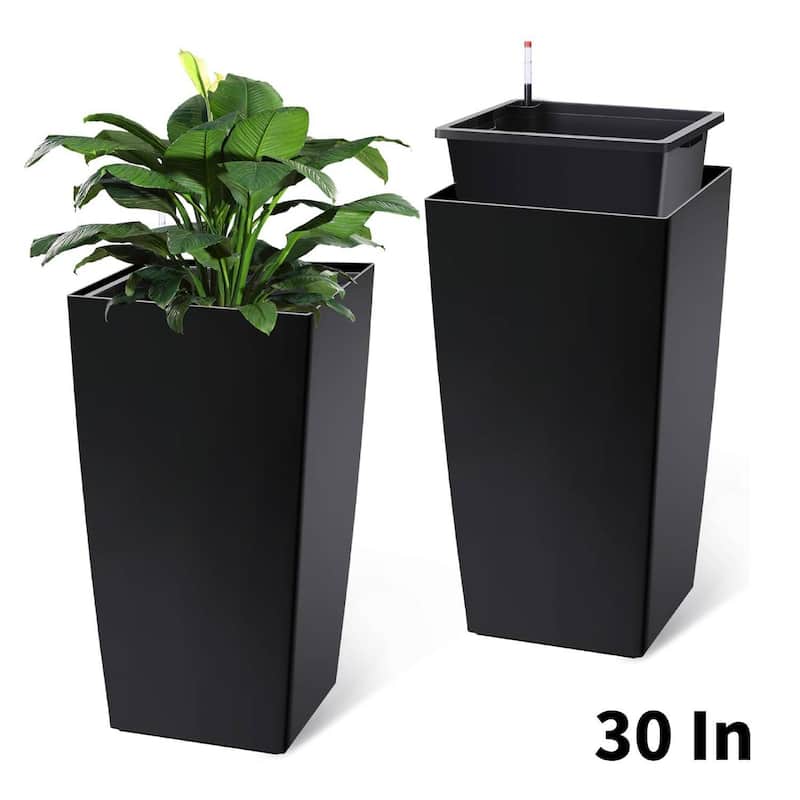 30" Set of 2 Self-Watering Planters, Flower Pots for Front Porch, Patio & Garden - Black