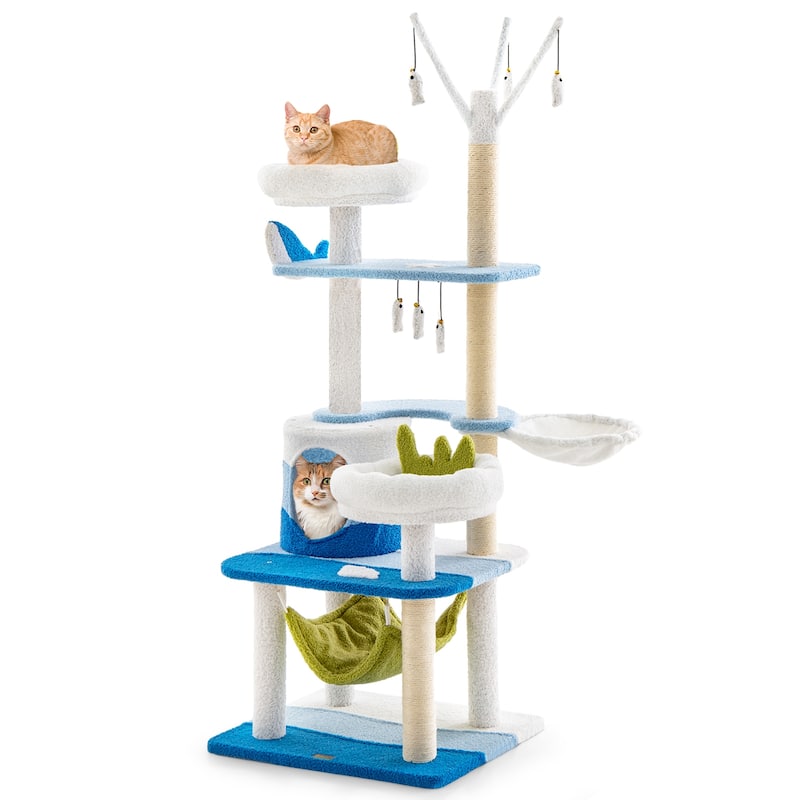 Multi-level Cat Tower with Sisal Covered Scratching Posts-Blue - 23” x 19” x 65” (L x W x H)