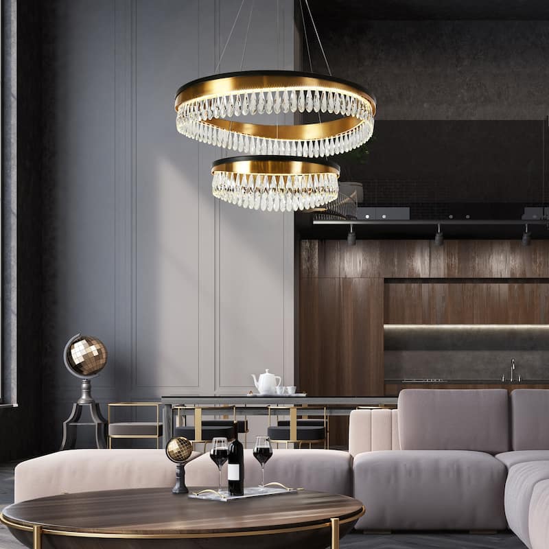Modern Luxury 2-Tier LED Crystal Chandelier Black Gold Drum Light for Dining Living Room - D31.5" x H73" Max