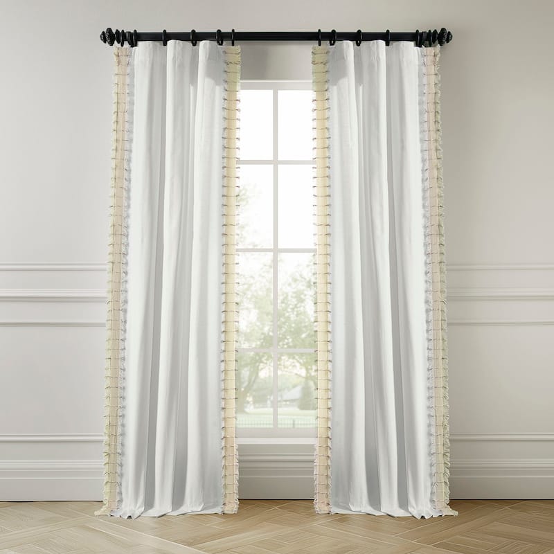 Exclusive Fabrics Bordered Textured Cotton Curtains For Bedroom & Living Room Curtains - Single Panel Drapes - 50 X 96 - Melford White