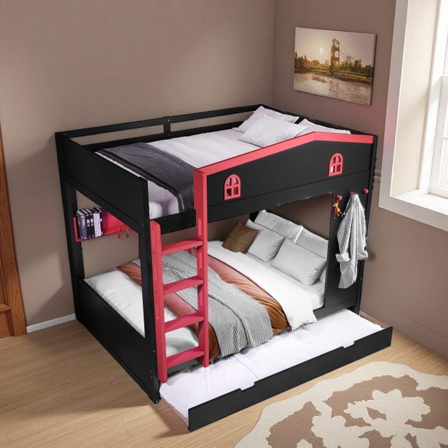 Full over Full Solid Wood Bunk Bed with Pull-Out Trundle, Built-In Shelves, and Hooks