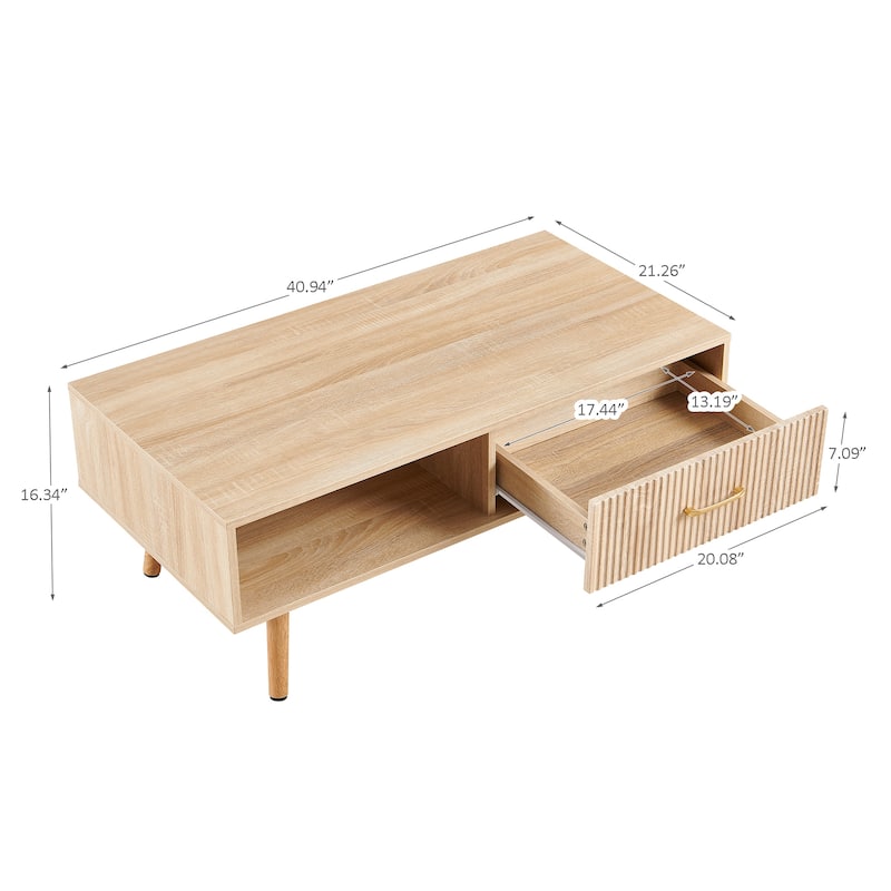 Rectangle Coffee Table with Solid Wood Legs, Sliding Drawer for Storage, Modern Table