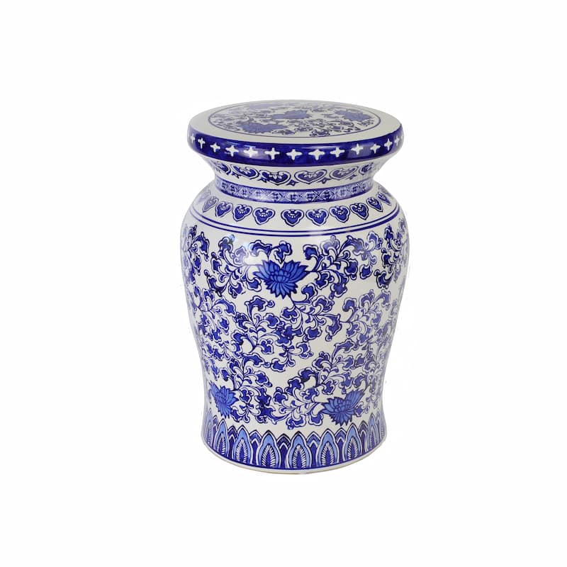 Euro Ceramica Blue Garden Porcelain Decorative Lotus Podium Stool - Large