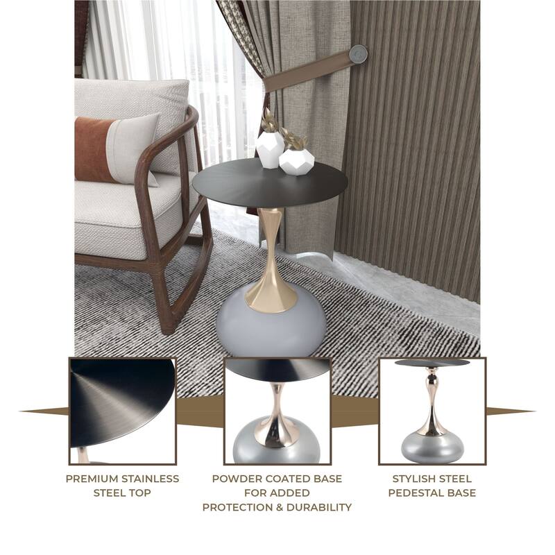 Savoy Round Side Table Stainless-Steel Black Top and Pedestal Base for Home Office Living Room