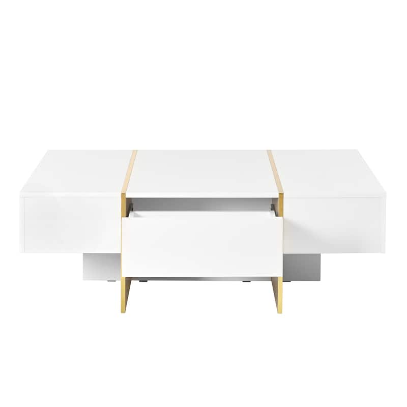 Roomfitters Modern High Gloss Coffee Table with Golden Wood Grain Legs, Rectangle Center Table with Storage