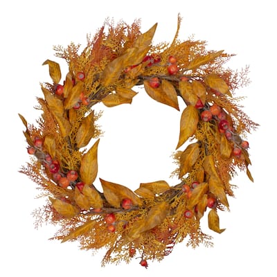 Yellow Orange Berry Leaves Fall Harvest Artificial Wreath 24-Inch