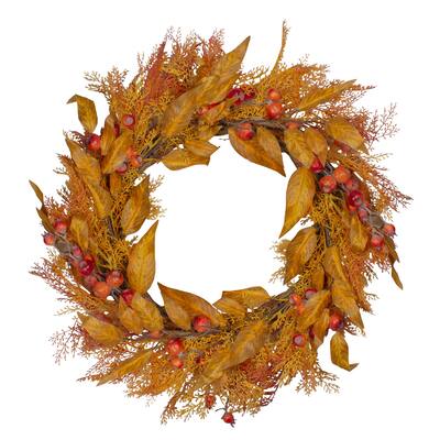 Yellow and Orange Berry and Leaves Fall Harvest Artificial Wreath - 24-Inch Unlit - 24"