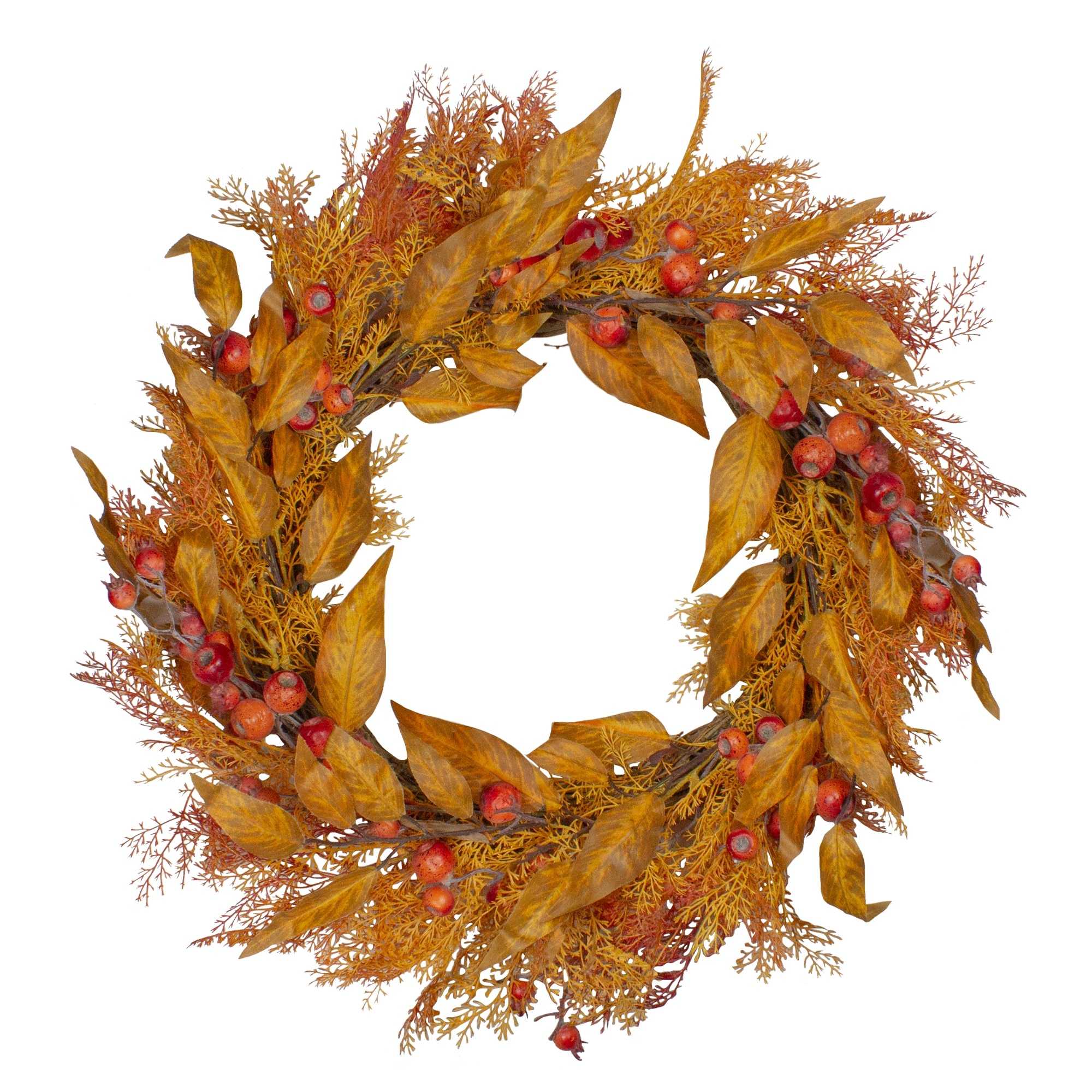 Yellow and Orange Berry and Leaves Fall Harvest Artificial Wreath - 24-Inch Unlit - 24"