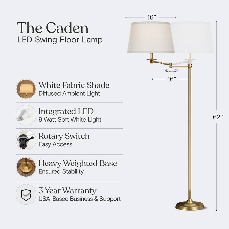 Brightech Caden 60 in. Antiqued Brass Mid-Century Modern 1-Light Extendable Swing Arm LED Floor Lamp with Beige Linen Drum Shade