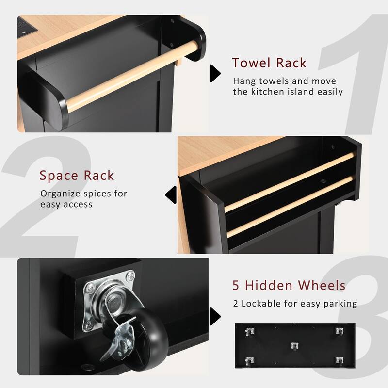 55.7" Kitchen Island with Drop Leaves, Rolling Cart with Power Outlet, Spice Rack, and 3 Drawers