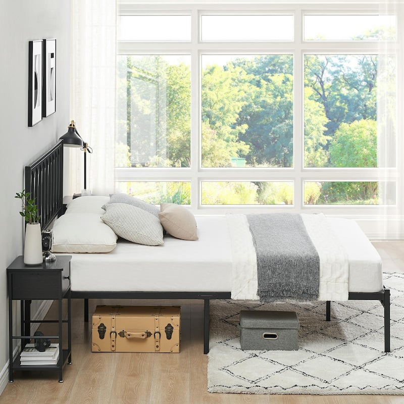 Metal Bed Frame with Headboard, Heavy Duty Steel Slat Support