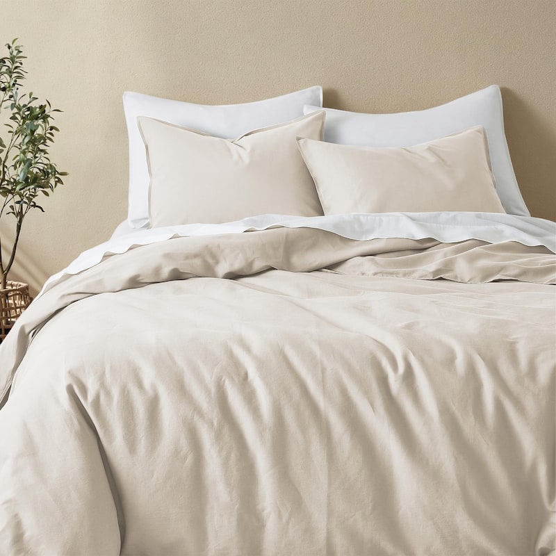 Flax Linen Cotton Blend Duvet Cover Set, Durable, and Moisture-Wicking, 3 Piece Bedding Set - Twin - Beige