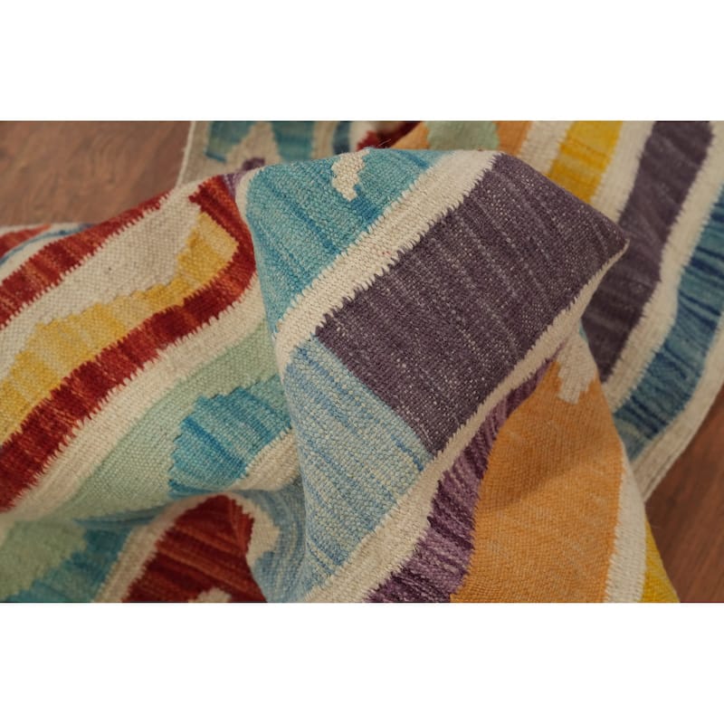 Hand Woven Oriental 100% Wool Carpet Southwestern Tribal Multi-Colored Kilim Runner Rug - 12' 0'' X 2' 8''
