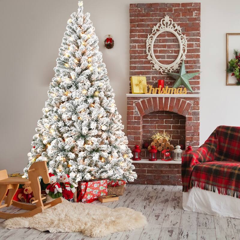 6FT Flocked Christmas Tree with 250 Warm White Incandescent Lights-Snowy Artificial Holiday Tree with 678 Tips and Metal Stand - Green+White