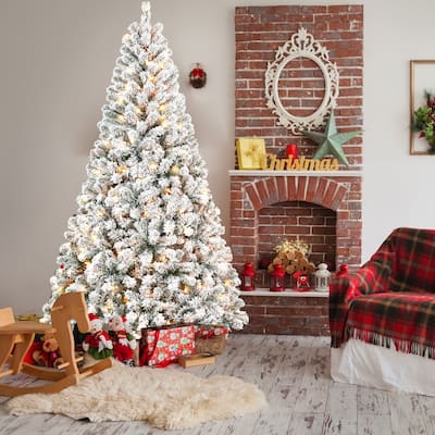 7FT Flocked Christmas Tree with 350 Warm White Incandescent Lights-Snowy Artificial Tree with 1022 Tips and Sturdy Metal Stand