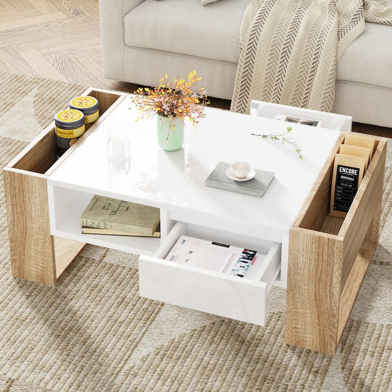 High Gloss Coffee Table with 2 Drawers and Hidden Storage, Two-Tone Center Table - 41.3" W × 23.6" D × 15.7" H