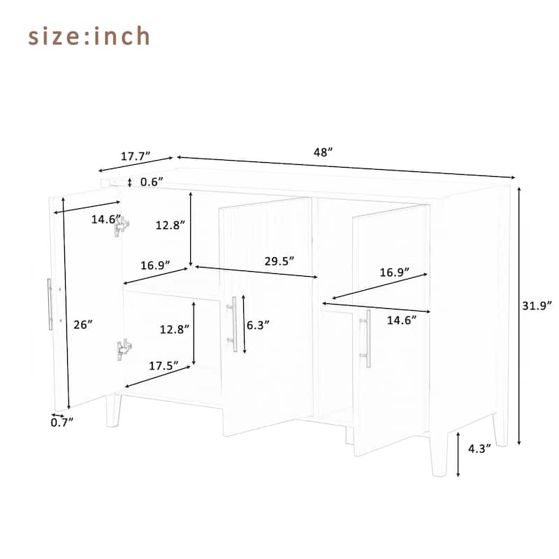 Elegant 3-Door Storage Cabinet with Metal Handles, Vertical Grain Design, Durable MDF Construction for Corridors,Living Rooms