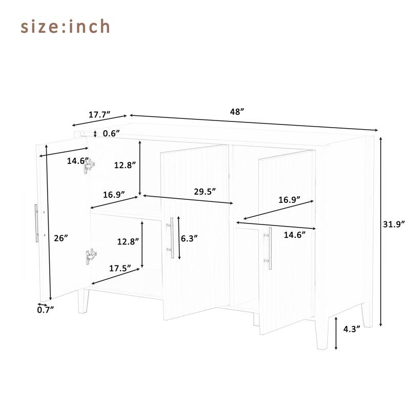 Stylish 3-Door Sideboard Buffet Cabinet with Vertical Pattern & Metal Handles for Hallway & Living Room