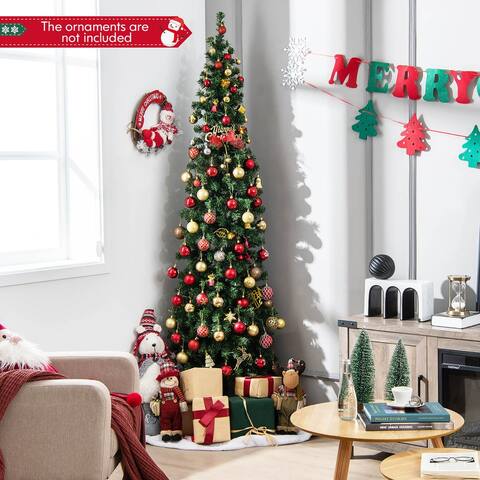 Gymax 7FT Pre-Lit PVC Christmas Decor Tree Half Artificial Tree w/