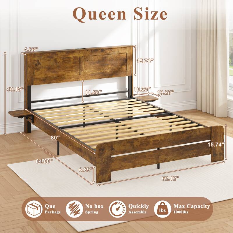 Bed Frame with Headboard LED Lights Side Tables and Underbed Storage