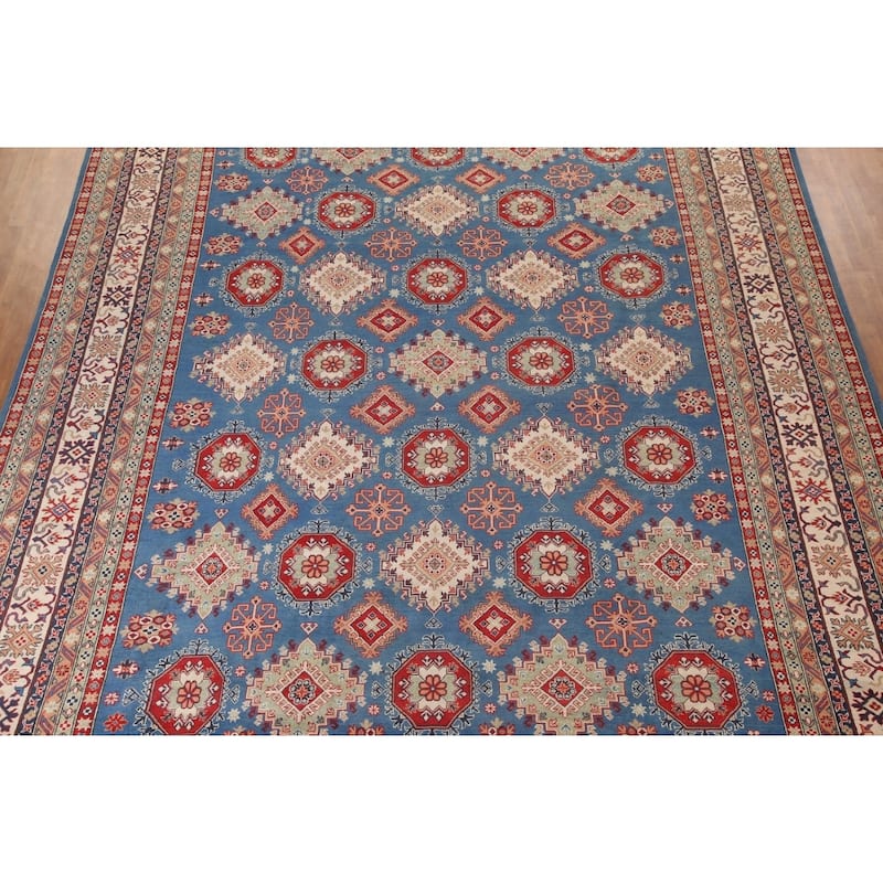 Vegetable Dye Blue Kazak Oriental Large Area Rug Handmade Wool Carpet - 12'8" x 16'5"