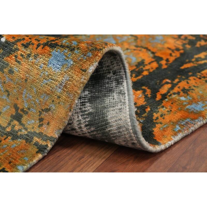 Hand Knotted Oriental Viscose Silk Carpet Modern Pictorial Oranges & Rust Abstract Area Rug - 7' 8'' X 5' 5''