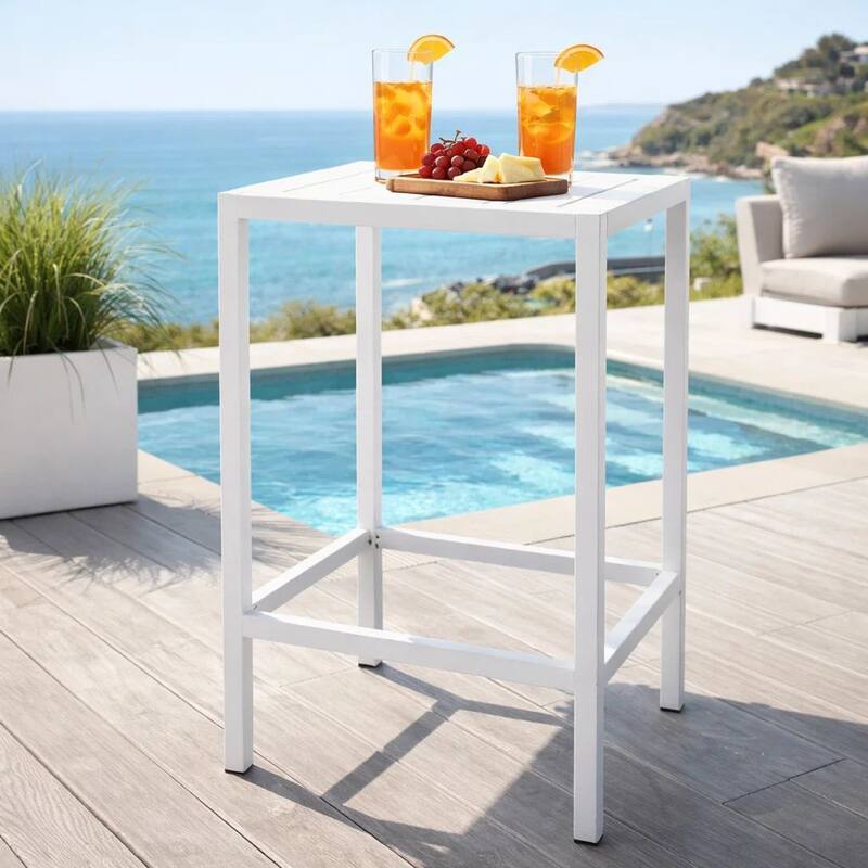 Kylo 43 Inch Outdoor Bar Table, Crisp White Aluminum Metal Frame, Small