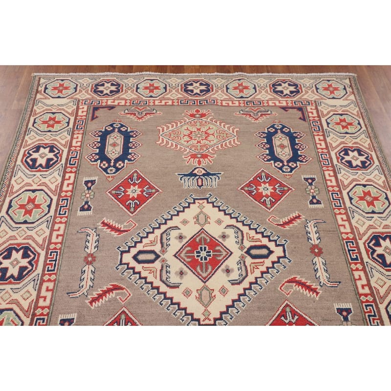 Kazak Oriental Area Rug Handmade Grey Wool Carpet - 4'11" x 6'5"