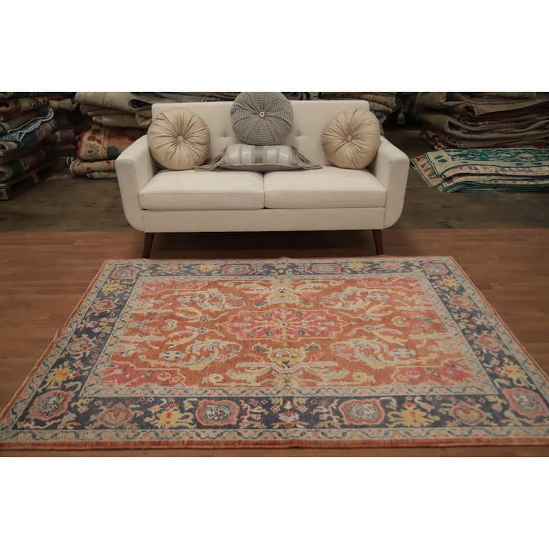 Hand Knotted Oriental 100% Wool Carpet Transitional Floral Oranges & Rust Oushak Area Rug - 6' 10'' X 5' 1''