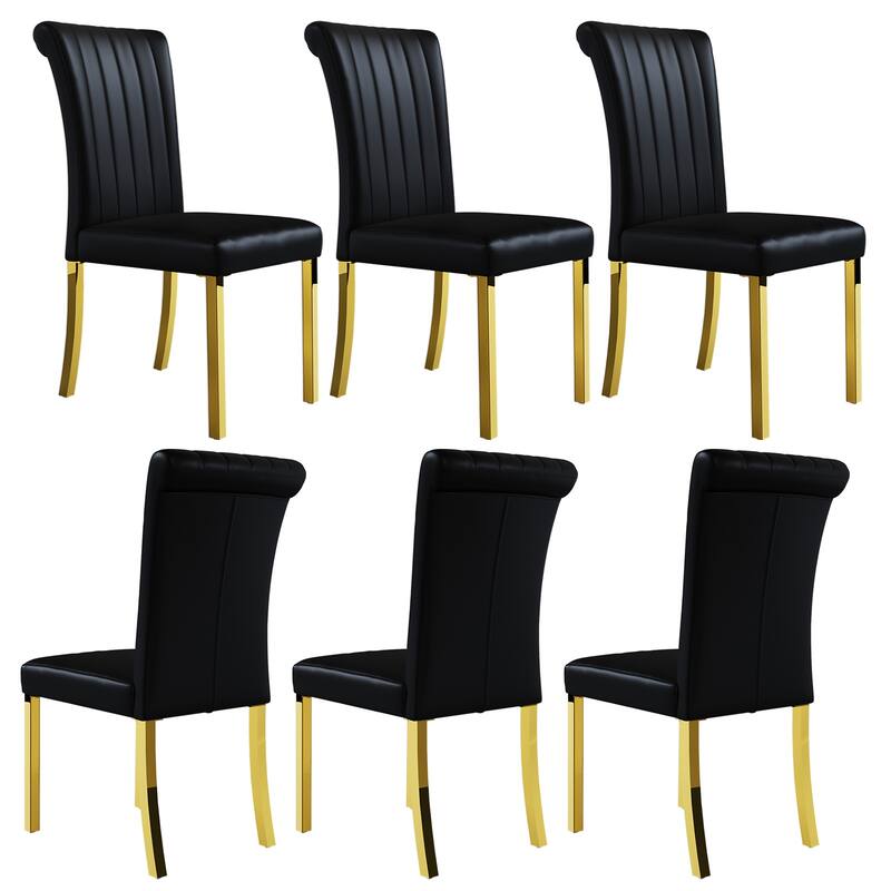 Luxury PU Leather Parsons Dining Chairs Side Chairs with Rolled Back and Stainless Steel Legs - Black and Gold - Set of 6
