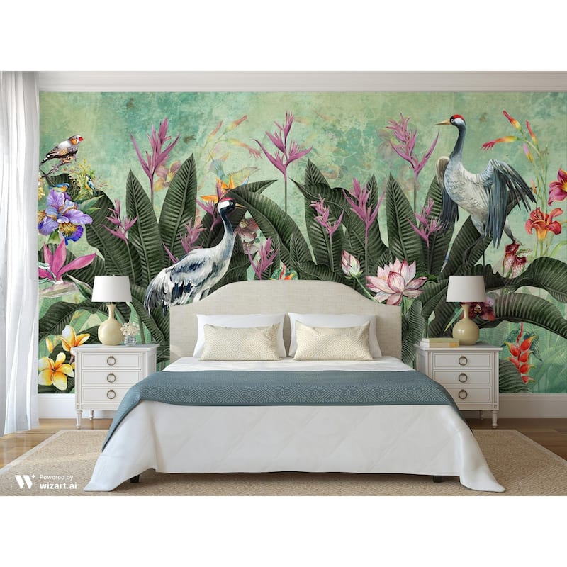 Tropical Paradise Wallpaper Mural Exotic Birds and Lush Flowers