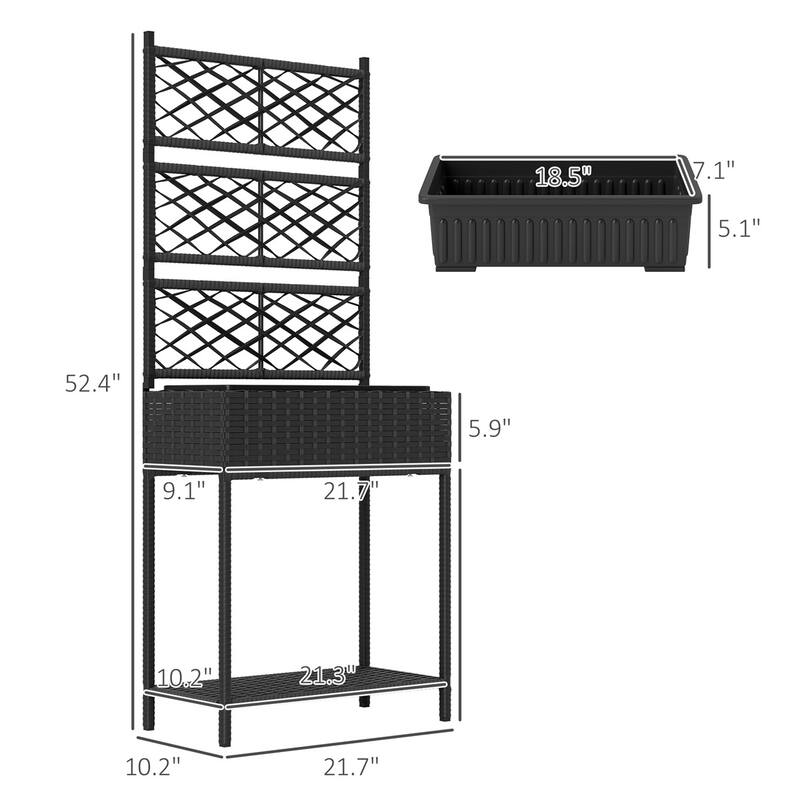 Outdoor Raised Garden Bed Rattan Plant Stand with Trellis and Storage Shelf for Herbs or Flowers - 21.7" L x 10.2" W x 52.4" H