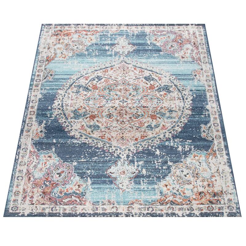 In & Outdoor Area Rug for Patio Oriental Pattern In Blue Grey and Pink