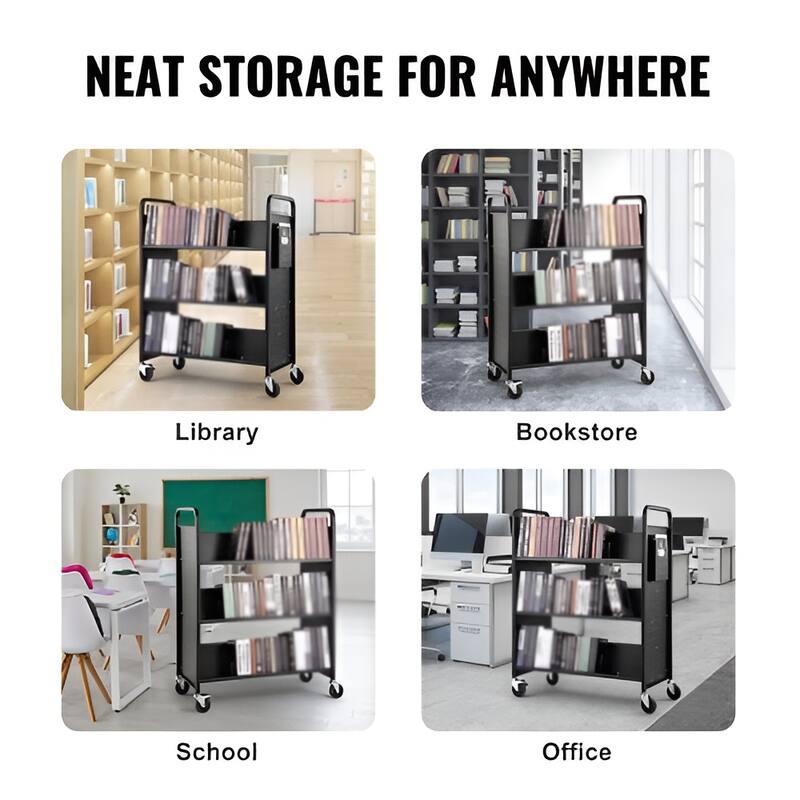 Rolling Book Cart with Lockable Wheels, Double Sided Shelves for Office & School - 39.4 x 20.1 x 49.2 in