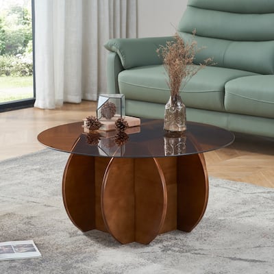 CAROCC Modern Round Table Glass Top Wooden Base Petal - Shaped Legs Dining Living Room Stylish Sturdy