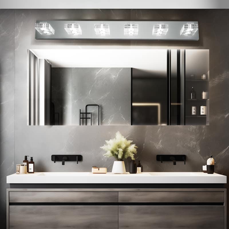38" Modern Chrome 6-Light LED Vanity Light, Square Acrylic Lampshades Wall Mount Fixture for Bathroom, Mirror Lighting