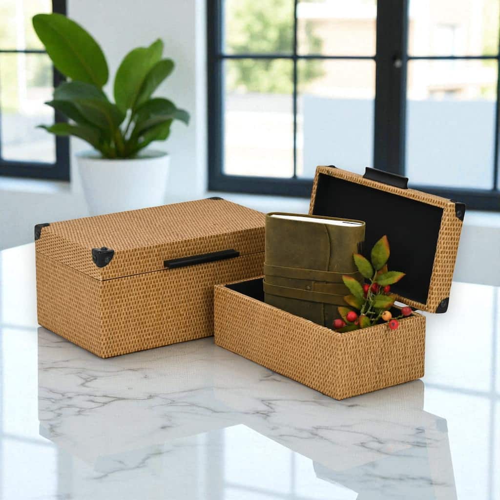 Iseult Set of 2 Rectangular Decorative Storage Boxes - Dark Brown Wicker Rattan Pattern