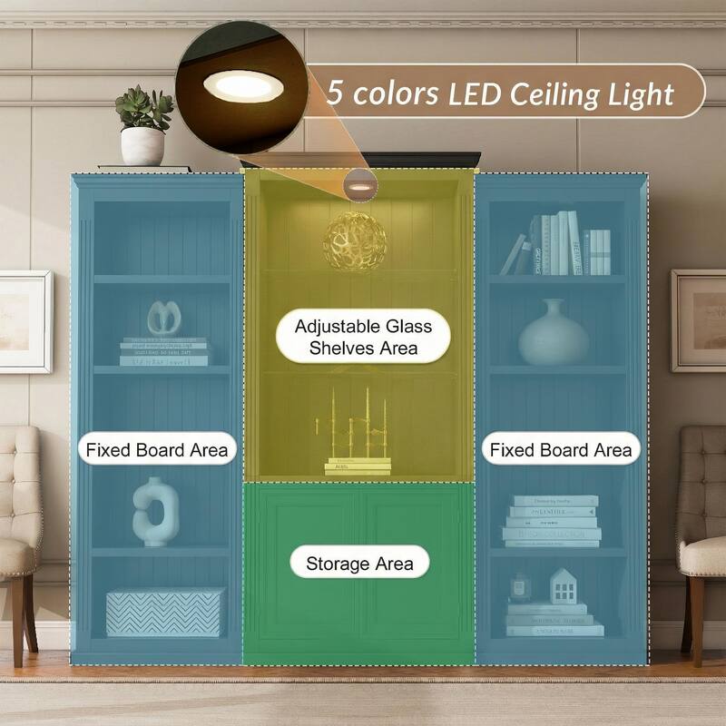 78.75" Tall 3-Piece Bookcase with Adjustable LED Light, Tempered Glass Shelves for Living & Office