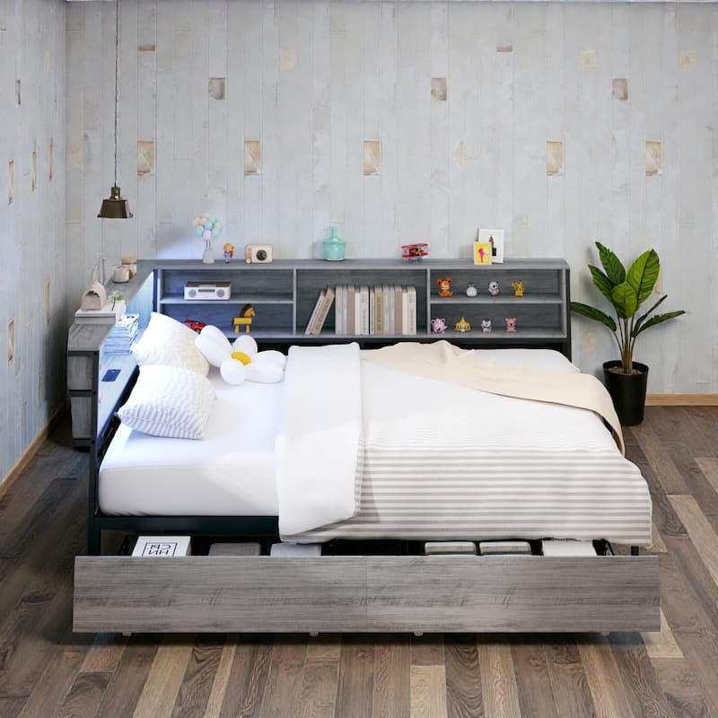 Corner Daybed with Storage Drawers and Bookcase Headboard, LED Light, USB Charging Station, No Box Spring Needed