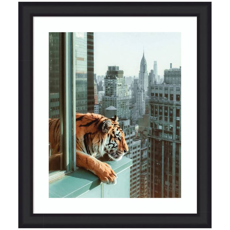 Kate and Laurel Framed Art Urban Tiger Overlooking Manhattan by Michael Schauer - 23x27 - Black