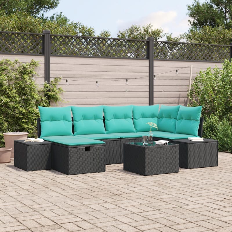 vidaXL 6/7 Piece Garden Sofa Set with Cushions Black Poly Rattan - 103.9×60.6×27.2 - Black/ Blue-with table