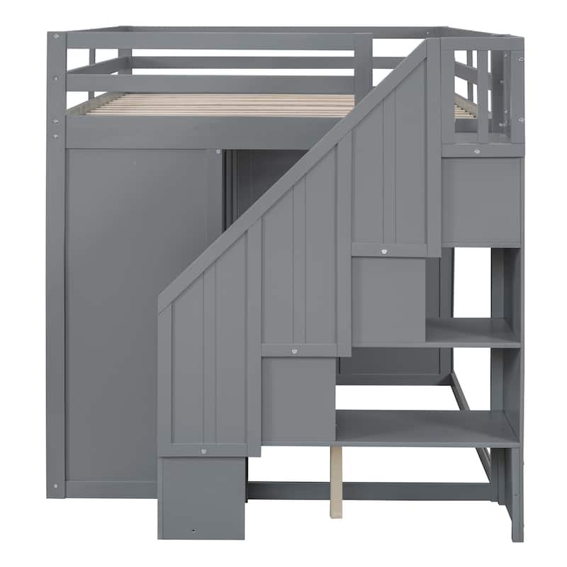 Full Size Gray Wood Loft Bed with Built-in Wardrobes, Cabinets, and Drawers