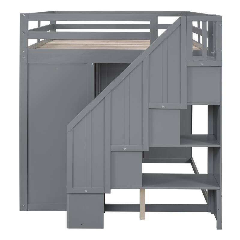 Full Size Wood Loft Bed with Built-in Wardrobes and Drawers