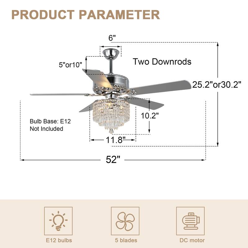 52" Modern Indoor Reversible Crystal Drum Ceiling Fan with Remote Control and Light Kit 6-speed DC Motor