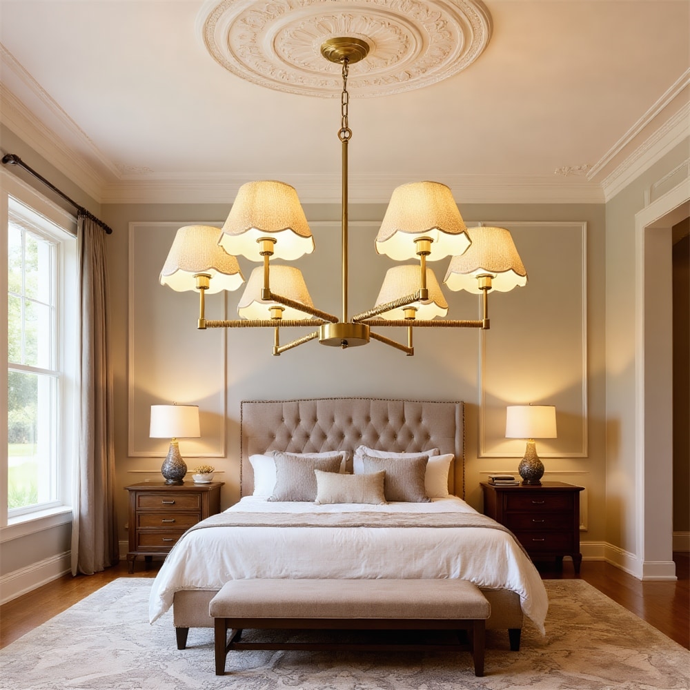 6-Light Rope & Fabric Shade Chandelier,Adjustable Pendant Lights