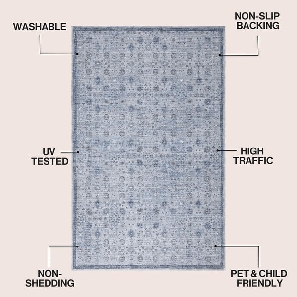 dimension image slide 7 of 13, Petunia Distressed All-Over Floral Border Non-Slip Machine-Washable Rug
