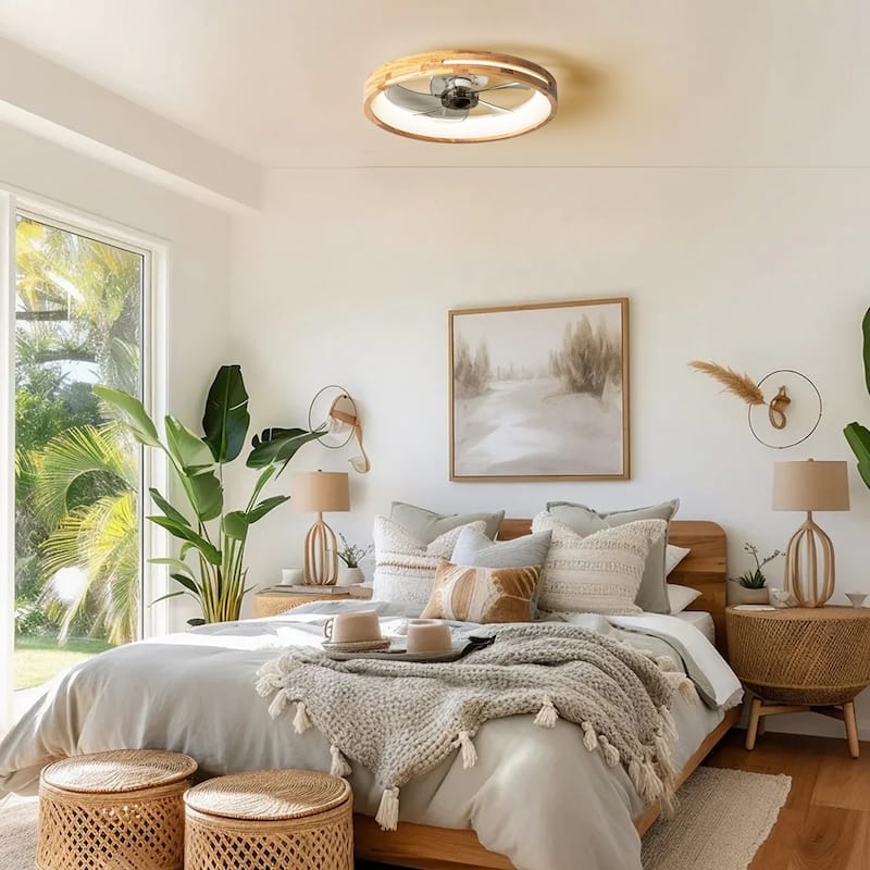 19.7" Farmhouse Flush Mount Ceiling Fan with LED Light and Remote Control, Wooden Finish for Bedroom/Living Room - 5