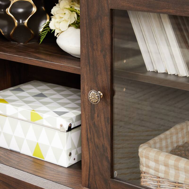 Farmhouse TV Stand for Up to 65 Inch TVs, Large Wooden Entertainment Center, Media Console Table with Glass Doors & Open Shelf