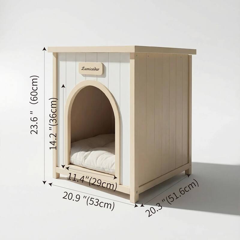 Lumicedar Flat Roof Pet House- FSC Solid Wood, Cream Yellow Indoor Shelter for Small Cats & Dogs
